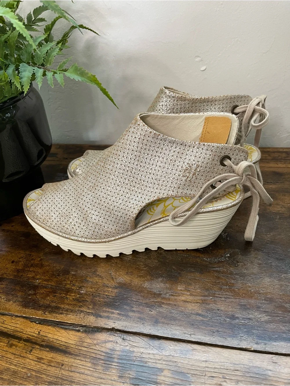 Fly London Sparkle Taupe Peep-Toe Wedge Sandals